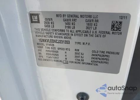 2012 Chevrolet Traverse Ltz z USA, uszkodzony, nr VIN 1GNKVLED6CJ231353